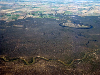 Aerial view of the Murray River and Reedy Lagoon in the Gunbower Forest Wetland Area. 