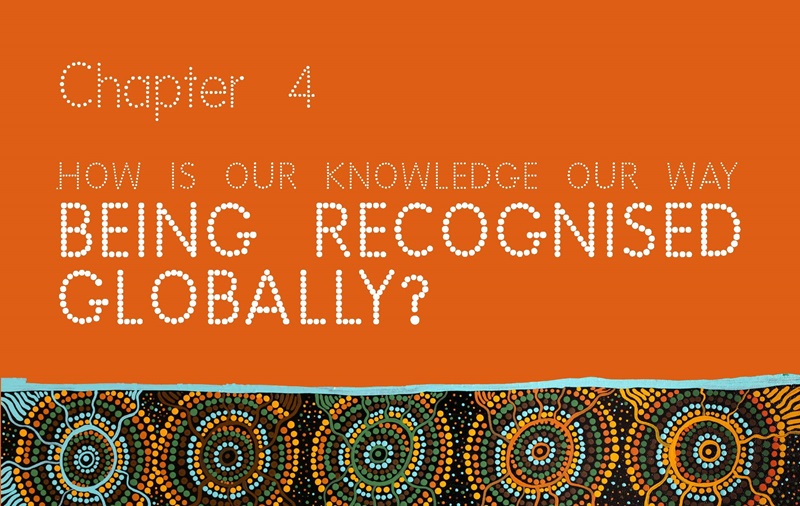 Indigenous dot painting graphic from the Our Knowledge, Our Way in caring for Country report referencing Chapter 4 - How is our knowledge our way being recognised globally.