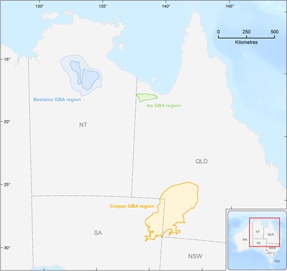 This is a map of Australia highlighting the Geological and Bioregional Assessment regions, which include Beetaloo, Isa and Cooper across the Northern Territory, Queensland and South Australia. 