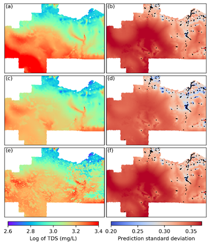 Map is showing the predicted groundwater salinityusing blue dots for the Musgrave Province, South Australia.