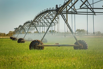 Groundwater is increasingly being used for irrigation across parts of Australia. Image of overhead irrigation system spurting water onto crop field. 