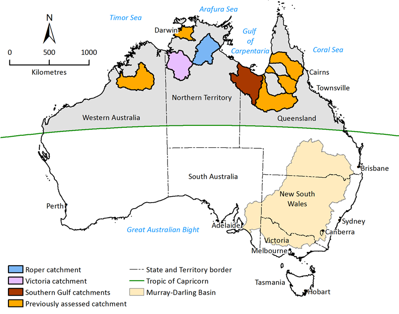 A map of Australia with the location of CSIRO's water resource assessments highlighted. 