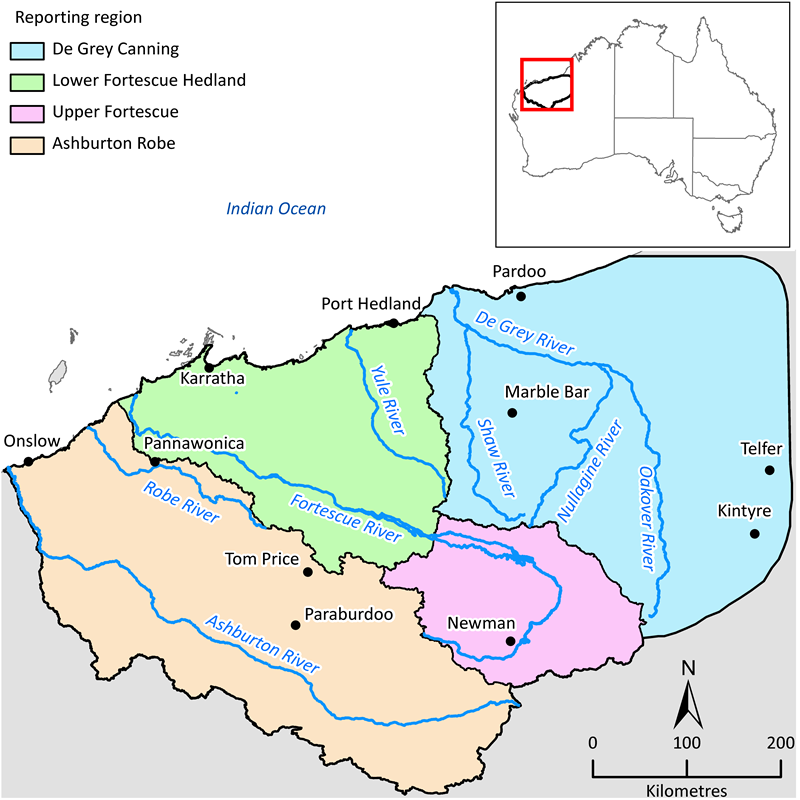 A map showing a highlighted area in north western Australia, which is divided into four sections called Ashburton Robe, De Grey Canning, Lower Fortescue and Upper Fortescue. The area's major rivers and towns are indicated on the map.