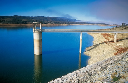 Googon Reservoir with water infrastructure bridge crossing to the middle