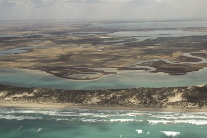 Overhead shot of The Coorong, mouth of the Murray River system