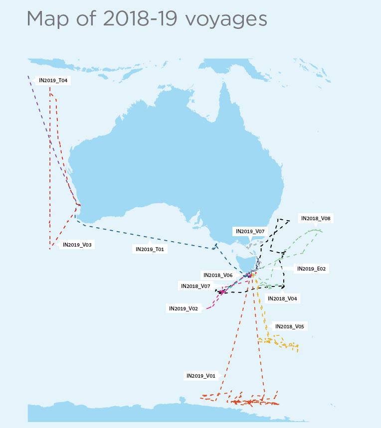 Map showing voyages of RV Investigator during 2018-19