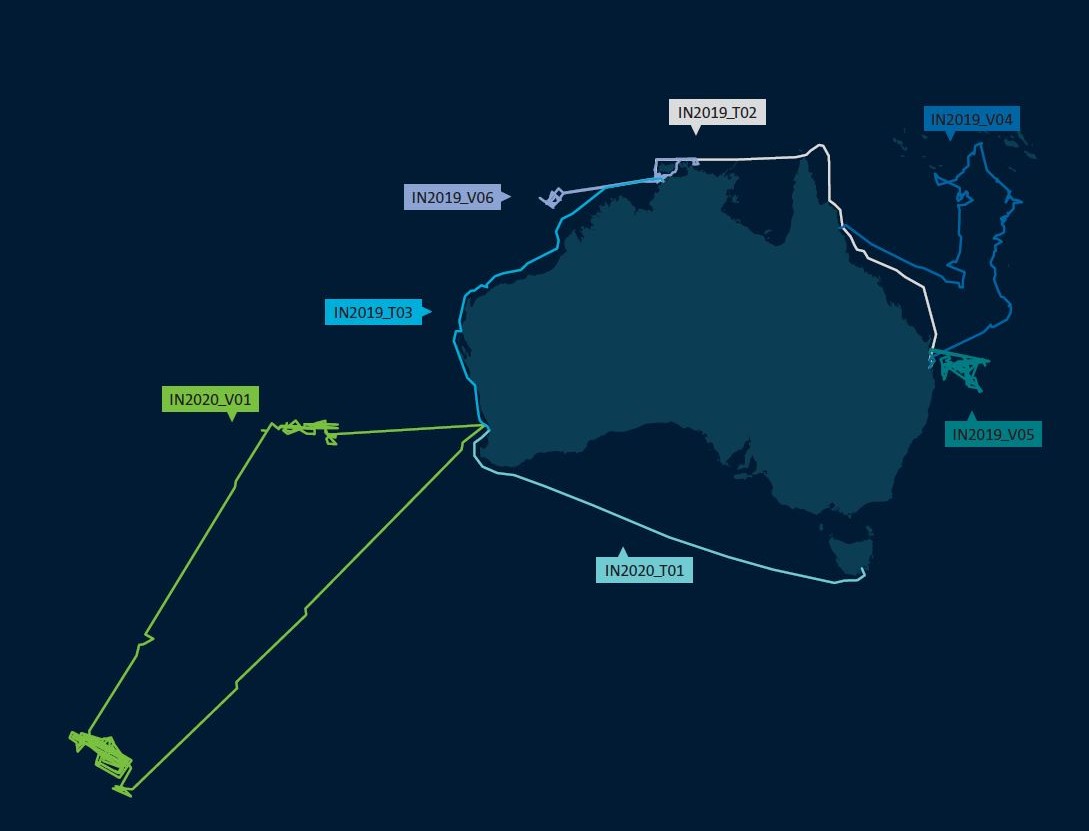 Map showing voyages of Research Vessel (RV) Investigator during 2019-20.