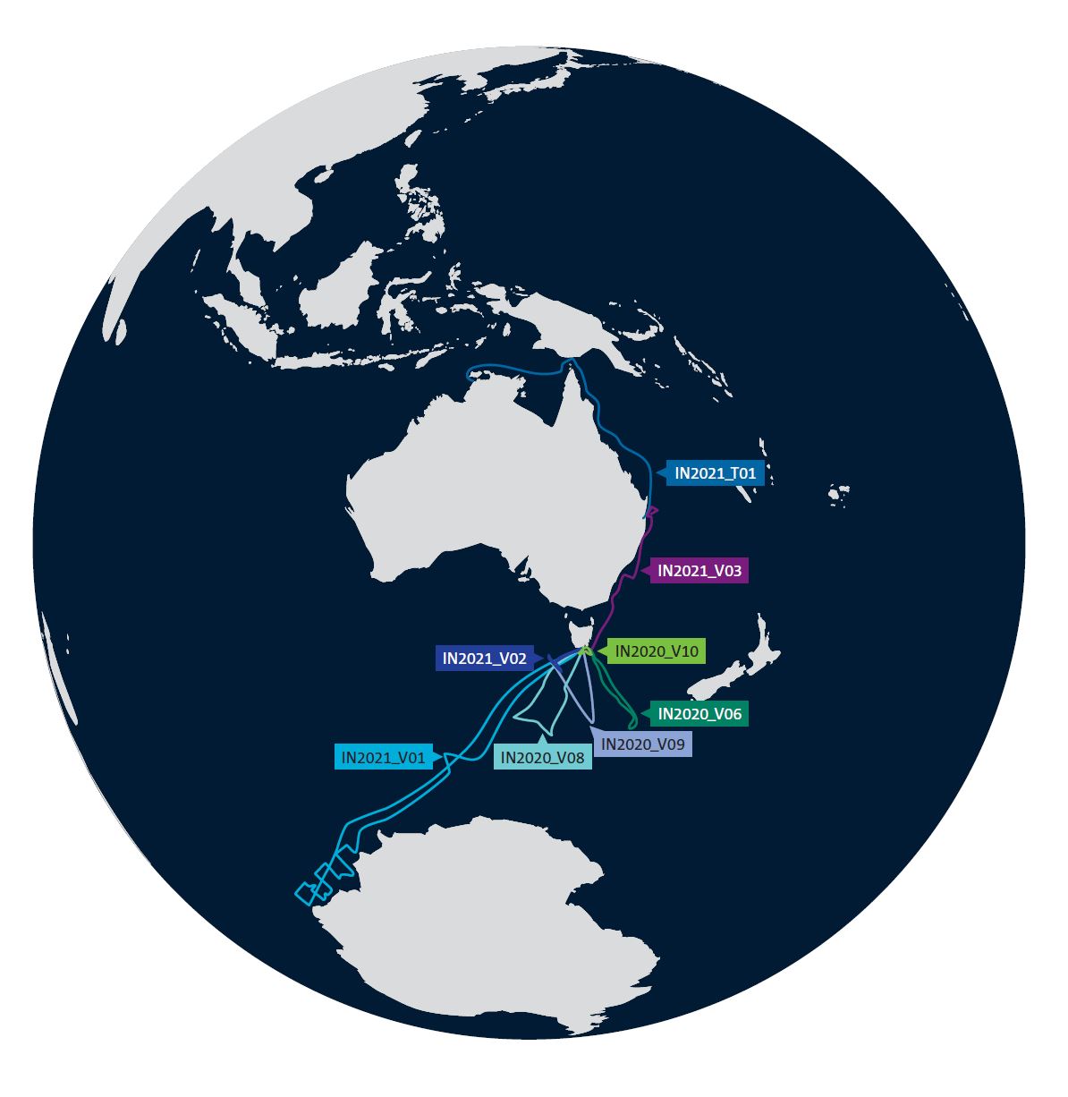 Map of earth focused on Australia and showing voyage tracks marked as lines.