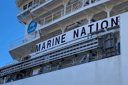 The side of a ship with a blue CSIRO logo on it and the words 'Marine Nation'.