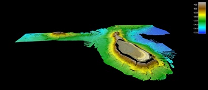 A multi-coloured image of a seamount with colours showing different depths.