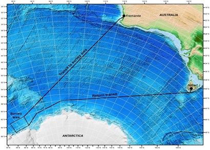 A map showing the track of a ship across the ocean from Australia to Antarctica and back.