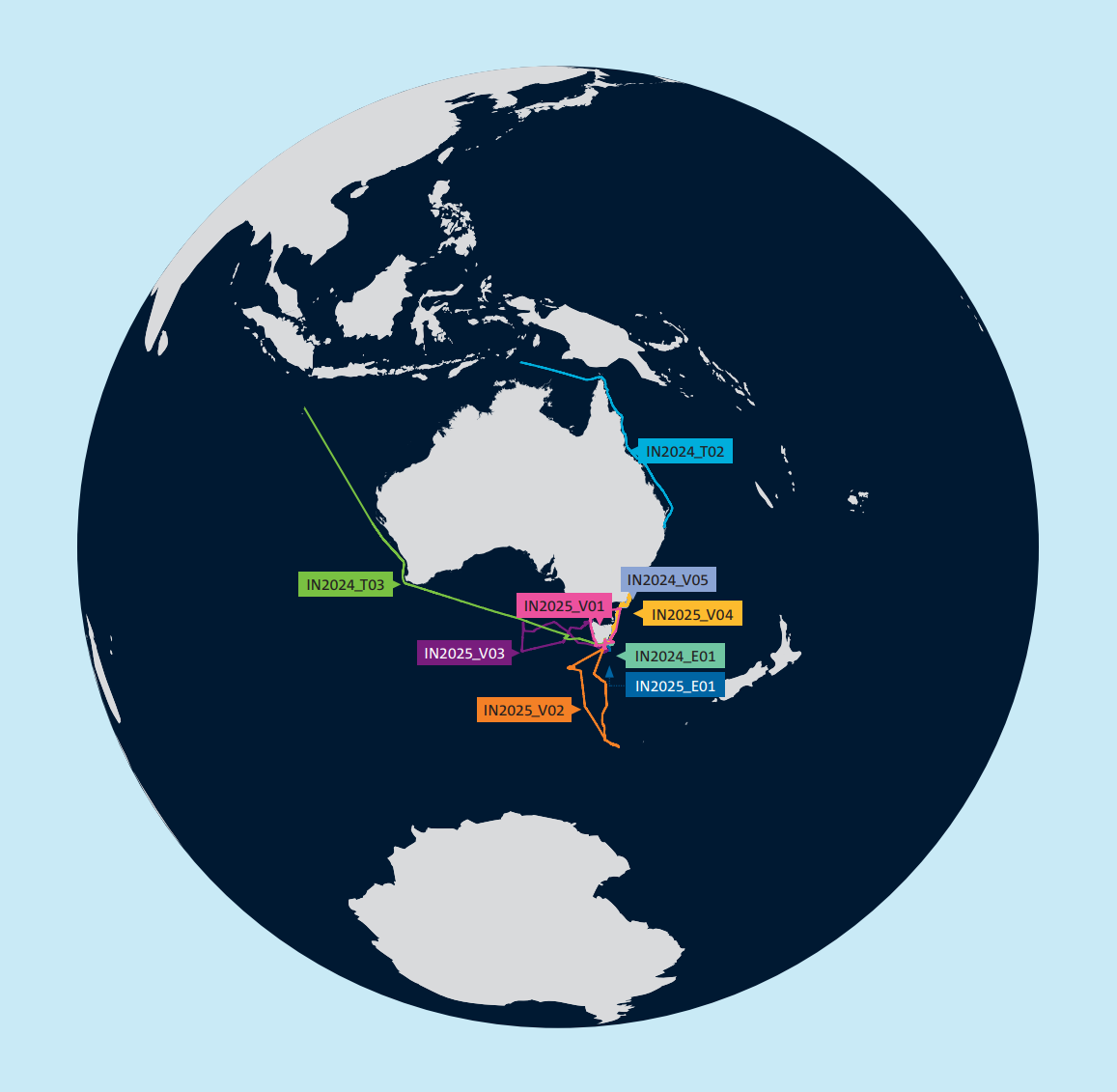 A map of the globe showing all the voyages of CSIRO research vessel Investigator for the 2024-25 financial year.