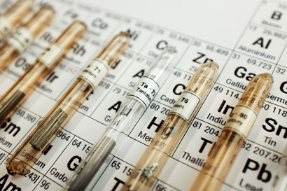 Mineral samples lined up on periodic table