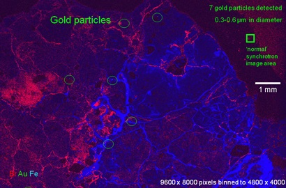A false colour image of a clay sample showing detection of rare gold particles