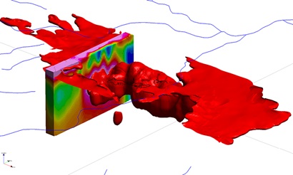 Coloured space-fill 3D model of conductivity pattern over a section of land