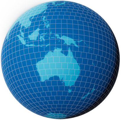 Blue colour sphere showing a grid marked over a world globe. Australia is prominantly situated in the centre.