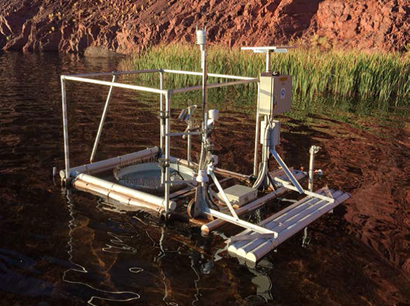 Metal platform with sensors floating on water