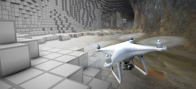 Illustrtaion showing a flying drone with camera digitally mapping cave 