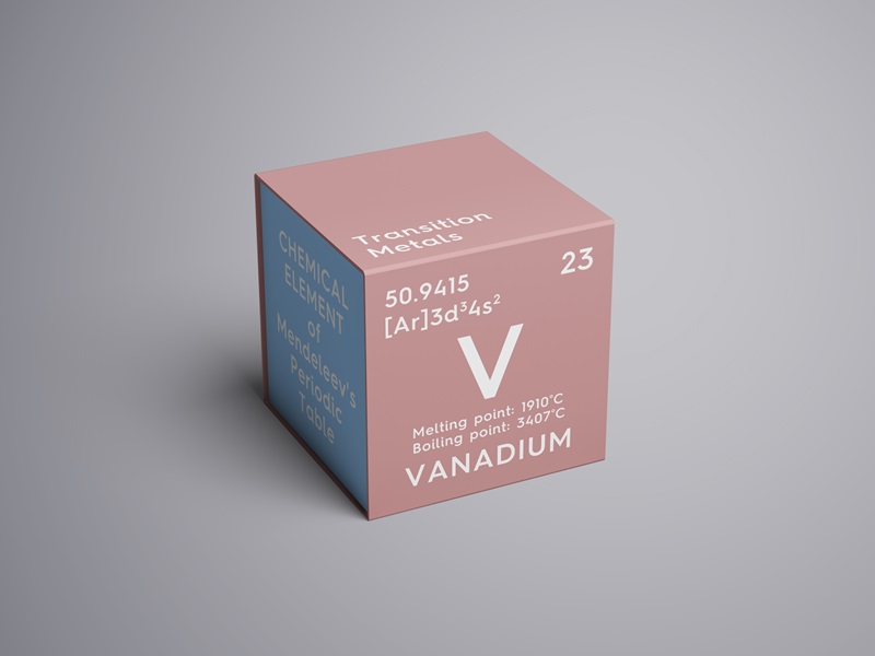 Pink cube with vanadium element information from the periodic table.