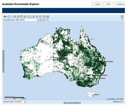 Screenshot of Australian Groundwater Explorer showing map of Australia with mutliple green dots showing location of data