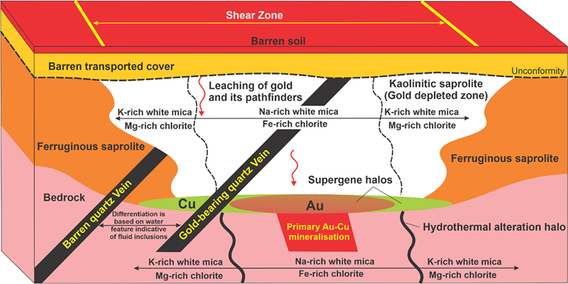 Shematic showing cross sections on subsurface with sections describing various zones of mineralisation