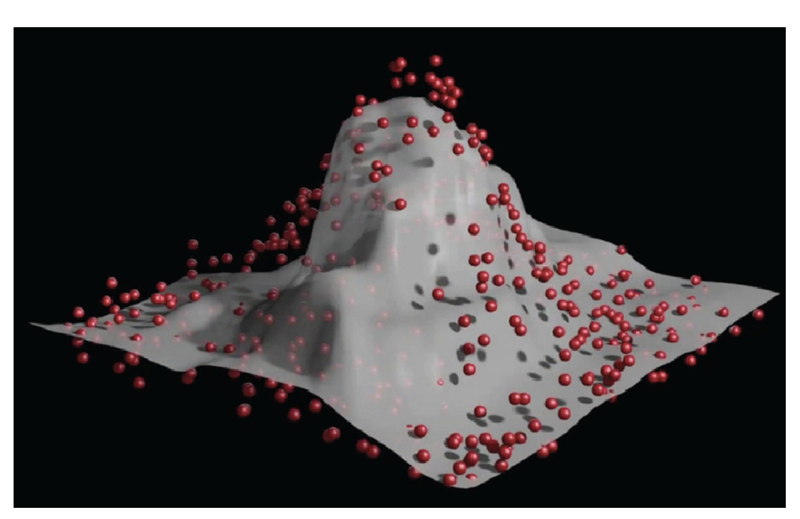 three dimentional hill graphic superimposed with red dots across surface