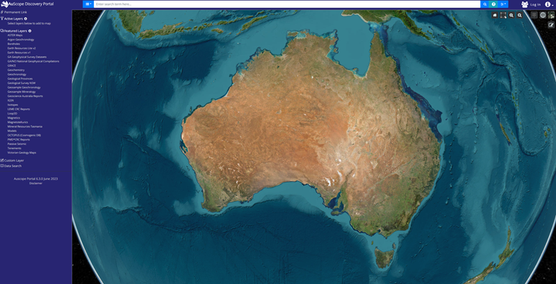 Screenshot of AuScope Discovery Portal showing map of Australia