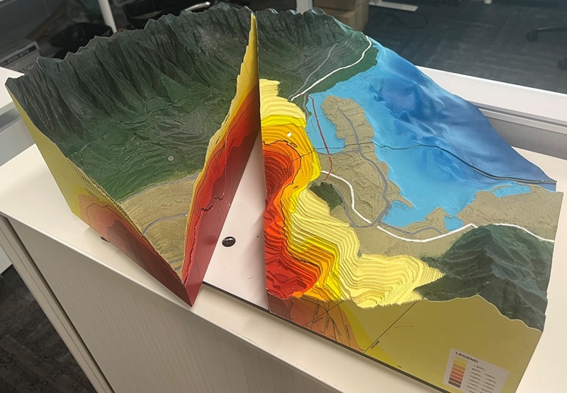 3D model of terrain opened to showed subsurface structures