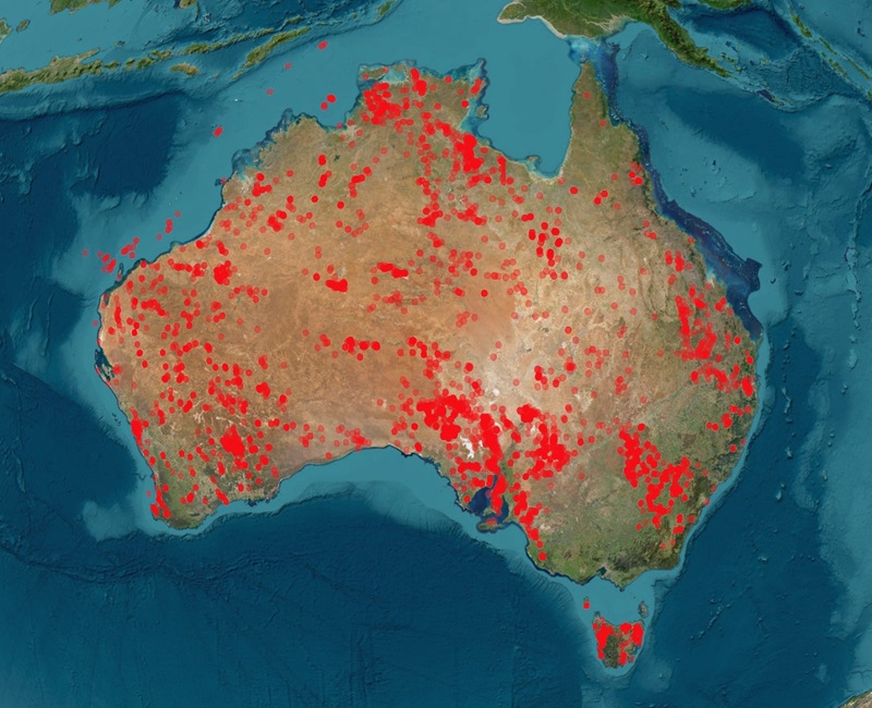 Map of Australia dotted with red marks over every state and territory