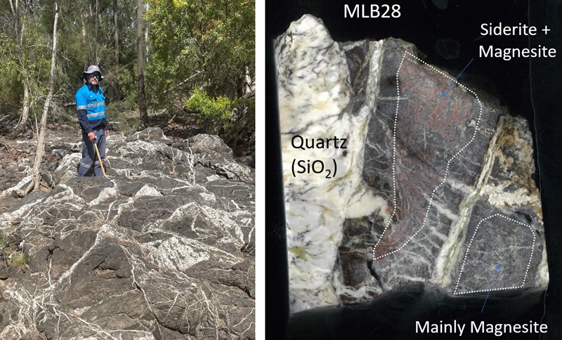 Left image of man standing on rocks and right image of close-up of rock showing quartz, 