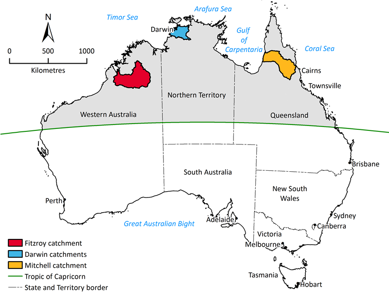 Map of Australia highlighting northern Australia, above the Tropic of Capricorn, and the three assessment areas