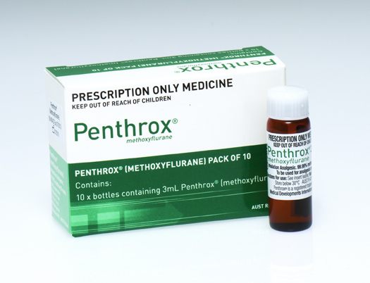 Box and vial of the drug methoxyflurane – the pain-relieving ingredient used in Penthrox™.