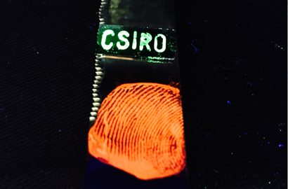 Fluorescent orange fingerprint and the word CSIRO in florescent green on a black background.