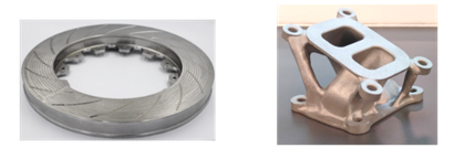 image on left is a circular, silver-coloured metal brake disc, image on right is a coper and silver-coloured manifold part