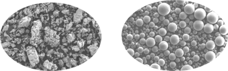 Two microscopic images of titanium. One looks like small, rough rocks, the other looks like spherical particles 