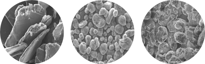 three grey microscopic images of graphite particles as flakes and powders - highly magnified. 