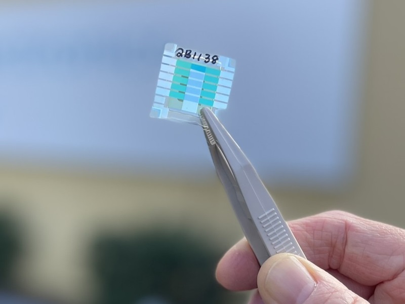 A small square digital chip held by tweezers