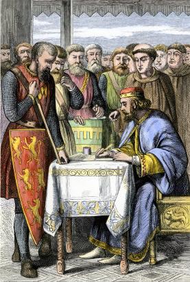 Image of a 19th Centuary wood engraving of King John signing the original Magna Carta on June 15 at Runnymede.