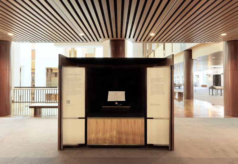Image of Australia's 1297 Inspeximus issue of the Magna Carta back on display at Australia's Parliament House in Canberra.