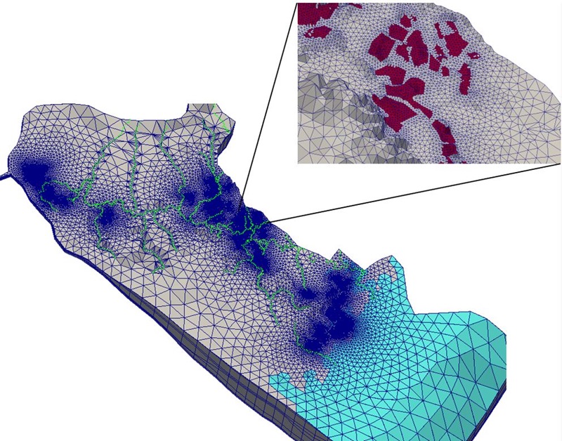 Computer generated topographical map of terrain with a section projected out of the base map showing enlarged detail denoting patches of groundwater in red colour