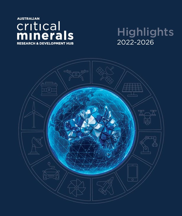 Australian Critical Minerals R&D Hub final summary report cover showing blue graphic showing map of Australia encricled by symbols associated with minerals, resources mining and technology.
