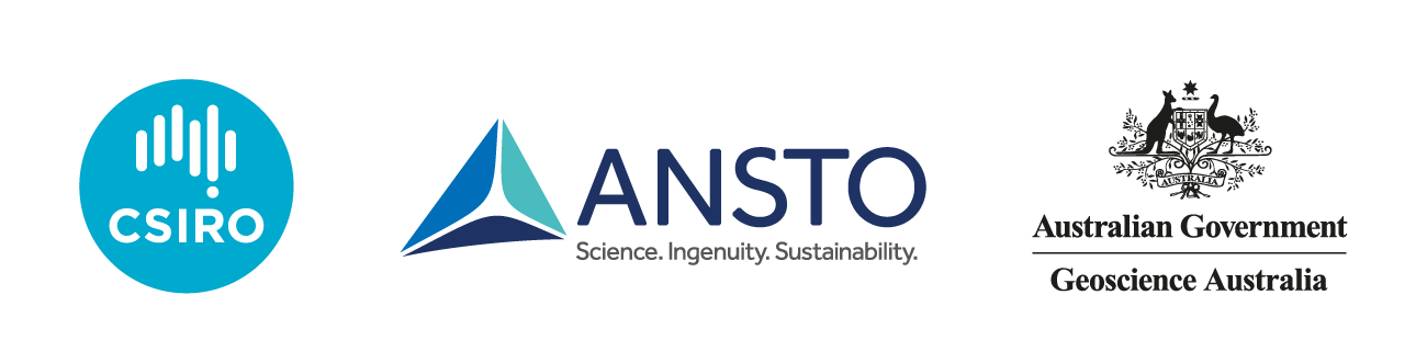 Logo lockup showing left to right: CSIRO logo, ANSTO logo, Geoscience Australian Governement logo. 