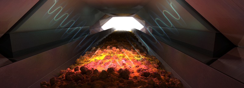 schematic of rocks on a conveyer belt with wavy lines emanating from the rocks to depict the analysing sensor