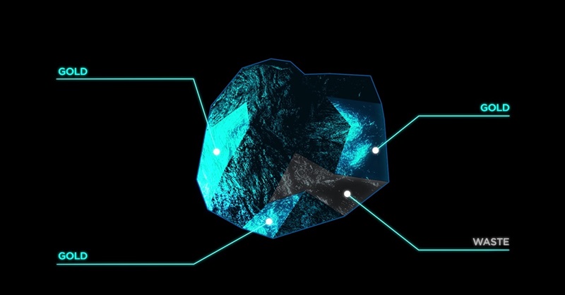 Drawing of a rock with various facets labelled either as gold or waste