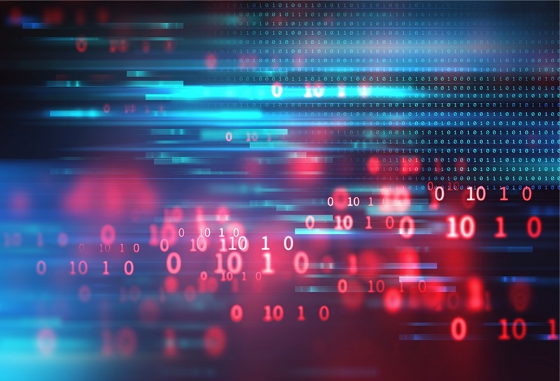 Red and blue coloured zeros and ones representing digital code