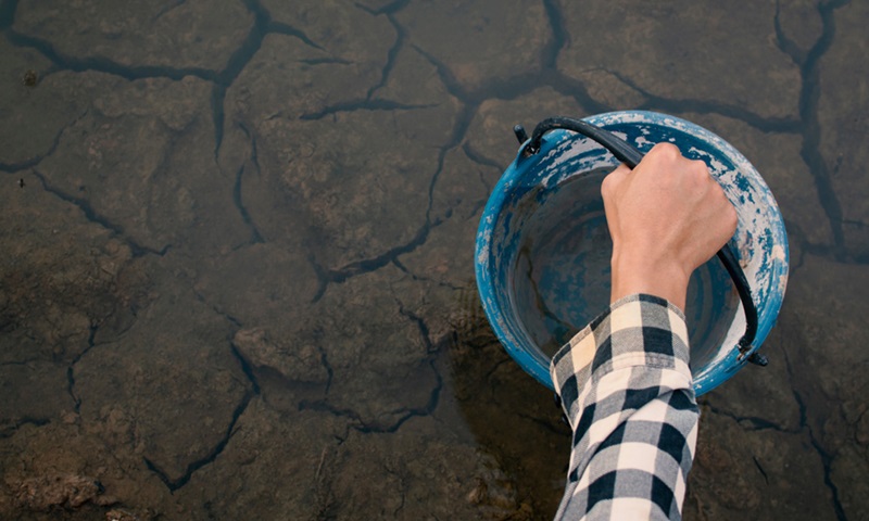 An overhead shot of a person holding a bucket in flooded farm land