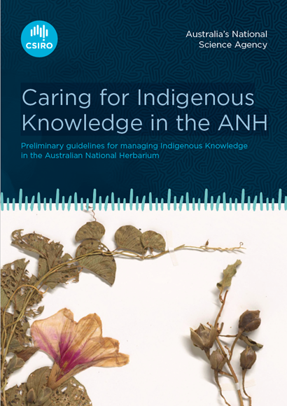Cover of the report Caring for Indigenous Knowledge in the ANH with a photo of a herbarium specimen