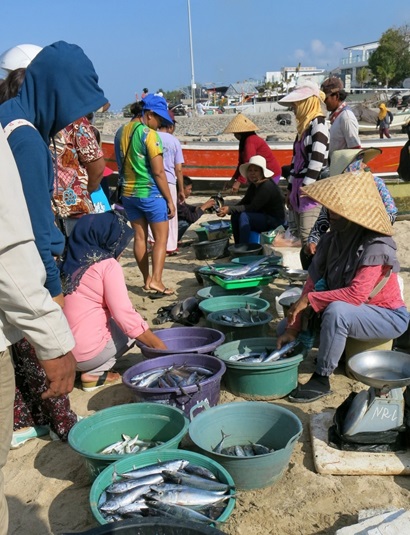 On a beach in Bali, people on left looking at fish in plastic bowls on the sand,  that are being sold by the people on the right of the picture.