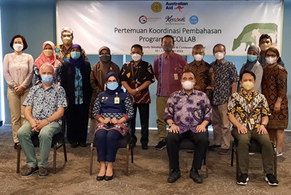 Sixteen people all wearing face masks, twelve standing in the back row and four sitting on chairs in the front, with a banner as backdrop showing the participating orgnisations in the BICOLLAB project.