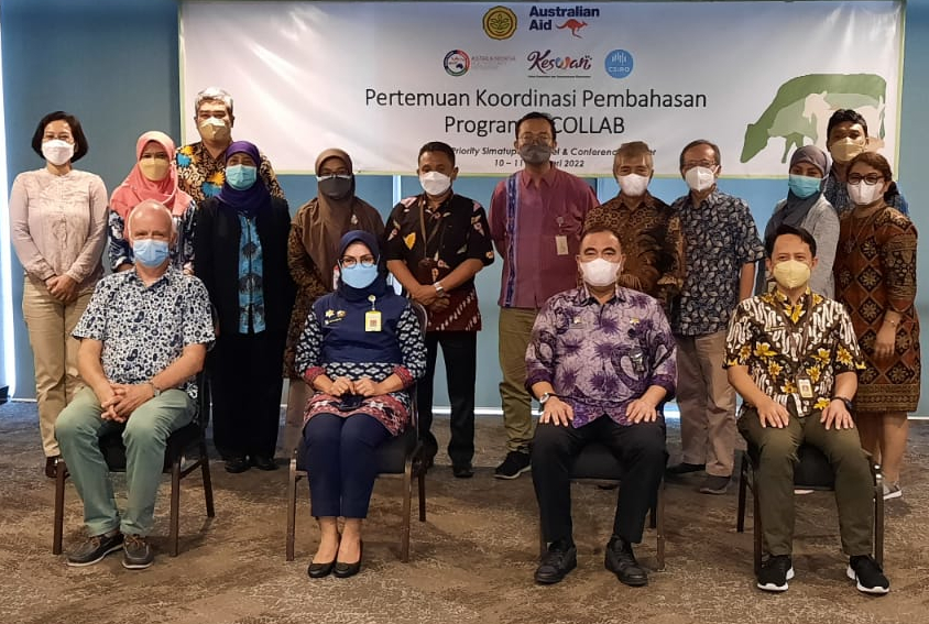 Sixteen people all wearing face masks, twelve standing in the back row and four sitting on chairs in the front, with a banner as backdrop showing the participating orgnisations in the BICOLLAB project.